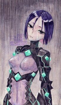 1girl black_bodysuit black_eyes bodysuit breasts fate/samurai_remnant fate_(series) grey_bodysuit highres looking_at_viewer medium_breasts multicolored_bodysuit neon_trim parted_bangs purple_hair rain short_hair solo titiduki_(manman-ya) two-tone_bodysuit ushi_gozen_(fate) ushi_gozen_(rider)_(fate)