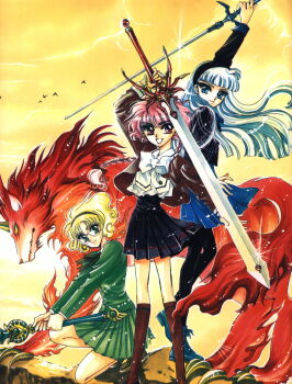 1990s_(style) braid clamp highres hououji_fuu kneehighs magic_knight_rayearth rayearth retro_artstyle ryuuzaki_umi school_uniform serafuku shidou_hikaru socks sword weapon
