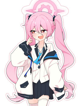+_+ 1girl :d absurdres averting_eyes blue_archive blue_necktie blush collared_shirt densaneraa finger_to_cheek hair_between_eyes halo hand_up highres jacket koyuki_(blue_archive) long_hair long_sleeves mechanical_halo necktie nervous_smile open_mouth pink_eyes pink_hair pink_halo scratching_cheek shirt skirt smile solo sweatdrop thighhighs twintails white_background white_jacket
