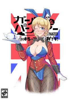 1girl alternate_costume blonde_hair blue_eyes blush braid braided_bun breasts cleavage cup curvy darjeeling_(girls_und_panzer) fishnets freckles_on_breasts girls_und_panzer gloves hair_bun highres japanese_text large_breasts leotard one_eye_closed pantyhose pink_lips rabbit_ears school_uniform smile solo teacup teapot translation_request unbuttoned unbuttoned_shirt union_jack wink