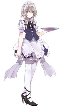 1girl apron black_ribbon blue_eyes blue_skirt blue_vest bow braid braided_sidelocks buttons collared_shirt commentary_request crote frilled_apron frills full_body green_bow grey_hair hair_between_eyes hair_bow hair_ribbon hand_up high_heels highres holding holding_tray izayoi_sakuya large_variant_set layered_skirt light_smile maid_apron maid_headdress medium_skirt parted_lips puffy_short_sleeves puffy_sleeves ribbon shirt short_hair short_sleeves skirt sleeve_cuffs solo standing tachi-e thighhighs touhou transparent_background tray twin_braids variant_set vest white_apron white_headdress white_shirt white_thighhighs wing_collar