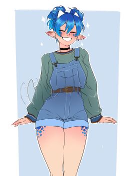Rule 34 | 1girl, absurdres, belt, black choker, blue background, blue hair, blue overalls, blush, brown belt, choker, closed eyes, commentary, cowboy shot, denim, denim overalls, double bun, ear piercing, english commentary, green shirt, grin, hair between eyes, hair bun, highres, jade (rocatart), long sleeves, motion blur, original, outline, overall shorts, overalls, piercing, pointy ears, rocatart, shirt, simple background, smile, solo, sparkle, tail, tail wagging, teeth, white outline