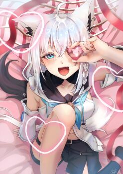 Rule 34 | 0ji rei, 1girl, absurdres, ahoge, animal ear fluff, animal ear piercing, animal ears, aqua eyes, asymmetrical legwear, black shorts, blue neckerchief, blush, braid, breasts, commentary request, fox ears, fox girl, fox tail, hair between eyes, heart, heart-shaped gem, highres, hololive, large breasts, long hair, looking at viewer, looking up, navel, neckerchief, open mouth, pentagram, shirakami fubuki, shirakami fubuki (1st costume), short shorts, shorts, sidelocks, single braid, single thighhigh, solo, tail, thigh strap, thighhighs, virtual youtuber, white hair