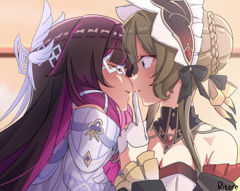 2girls absurdres bare_shoulders black_hair blue_eyes blush breasts cleavage closed_eyes columbina_(genshin_impact) commentary dress finger_to_mouth genshin_impact gloves highres imminent_kiss multiple_girls parted_lips purple_streaks ritore sandrone_(genshin_impact) shushing white_dress white_gloves yuri