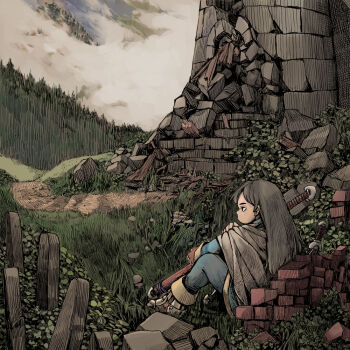 1girl armor armored_boots black_hair blue_pants blue_shirt boots brick castle cloak earrings fantasy fence forest gloves grass holding holding_sword holding_weapon jewelry long_hair medieval nature on_ground original pants path rightorisamraido3 road ruins scenery shirt single_earring sitting solo stairs sword tower weapon yellow_gloves