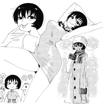 1girl ? armpits blush bra breasts dress greyscale halftone halftone_background heart jucika jucika_(comic) large_breasts licking_lips looking_at_viewer monochrome musical_note panties screentones short_hair skirt smile snow spoken_question_mark swimsuit tongue tongue_out underwear unmoving_pattern wanderjegson