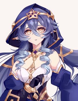 1girl abyss_of_alyss bare_shoulders blue_hair blue_hood blush breasts collarbone commentary_request detached_sleeves drill_hair drill_sidelocks elf genshin_impact gold_choker hair_between_eyes hair_ornament highres jewelry layla_(genshin_impact) long_hair long_sleeves medium_breasts neck_ring open_mouth orange_eyes pantyhose parted_lips pointy_ears sidelocks sleeveless solo upper_body very_long_hair