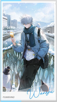 1boy absurdres animal animal_on_shoulder badge bag bird bird_on_shoulder black_bag black_pants blue_jacket blue_scarf bridge button_badge character_name city closed_mouth cloud commentary copyright_name day english_commentary eyes_visible_through_hair food hair_over_one_eye hand_in_pocket hand_up highres holding holding_food holding_ice_cream ice_cream jacket leaning_back long_sleeves looking_at_viewer male_focus mole mole_under_mouth mountain official_art open_clothes open_jacket outdoors pants penguin penguin_print picture_frame punishing:_gray_raven river scarf shirt short_hair shoulder_bag sleeve_cuffs sleeves_past_wrists snow snowing solo standing tree viewfinder wanshi_(pgr) white_hair white_shirt wristband yellow_eyes