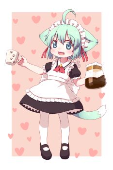 1girl absurdres ahoge animal_ear_fluff animal_ears apron back_bow black_dress black_shoes blue_eyes blue_hair border bow cat_ears cat_girl cat_tail coffee_pot collared_dress commentary_request cup dress fang frilled_sleeves frills full_body hair_ribbon heart heart_background highres holding holding_coffee_pot holding_cup looking_at_viewer maid maid_headdress mary_janes mug open_mouth original pantyhose pink_background puffy_short_sleeves puffy_sleeves red_ribbon ribbon shoes short_hair short_sleeves smile solo standing tail ueno_musashi white_apron white_border white_bow white_pantyhose