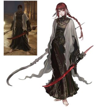 1girl armor barefoot black_gloves braid breastplate cape closed_mouth commentary dual_wielding elden_ring english_commentary feather_hair_ornament feathers full_body game_screenshot_inset gloves hair_ornament hanneli_(hanny) hanny_(uirusu_chan) highres holding holding_weapon long_hair original red_eyes red_hair reference_inset screenshot_inset simple_background smile solo tarnished_(elden_ring) toes weapon white_background white_cape wide_sleeves