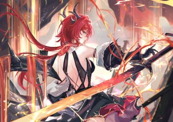 1girl absurdres arknights arknights:_endfield ashes back backless_dress backless_outfit bare_shoulders black_dress black_gloves black_horns breasts commentary criss-cross_back-straps demon_horns detached_sleeves dress fiery_background fire flaming_sword flaming_weapon floating floating_hair floating_object floating_sword floating_weapon from_behind gloves hair_between_eyes highres holding holding_sword holding_weapon horns laevatein_(arknights) lava long_hair looking_at_viewer looking_back medium_breasts parted_lips purple_eyes red_hair slit_pupils solo surtr_(arknights) sword turning_head vardan very_long_hair weapon