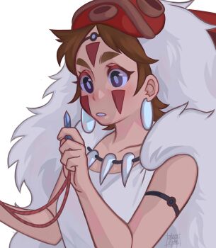 1girl armband black_eyes breasts brown_hair cape commentary crystal earrings english_commentary facepaint fur_cape gluca highres holding holding_crystal holding_jewelry holding_necklace jewelry mask mask_on_head medium_breasts mononoke_hime necklace pelt san_(mononoke_hime) solo thick_eyebrows tooth_necklace upper_body white_cape