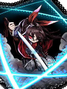 Rule 34 | 1girl, armor, bow, brown hair, closed mouth, dust, eye trail, geonbanmaen, hair bow, hakama, highres, holding, holding sword, holding weapon, isekai samurai, japanese armor, japanese clothes, katana, kimono, kote, light trail, long hair, long sleeves, ponytail, red eyes, red kimono, ringed eyes, scar, scar on face, scar on nose, slashing, solo, sword, tsukitsuba ginko, weapon, white hakama, wide sleeves