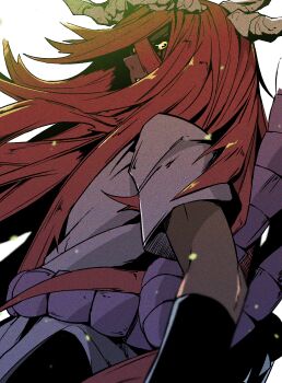 1girl alternate_form black_sclera colored_sclera commentary curse_seal dark-skinned_female dark_skin film_grain hair_between_eyes highres horns long_hair looking_at_viewer metric80019 monster_girl multiple_horns naruto_(classic) naruto_(series) ninja pink_shirt shirt short_sleeves solo tayuya_(naruto) very_long_hair white_background yellow_eyes