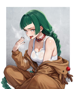 1girl alternate_costume animal_costume animal_ears animal_hood antlers bare_shoulders blunt_bangs braid braided_ponytail breasts brown_eyes cleavage collar commentary_request deer_ears fake_antlers green_hair highres hood horns jajanome large_breasts lebanne_(pokemon) long_braid long_hair looking_at_viewer nintendo open_mouth partially_unzipped pokemon pokemon_legends:_z-a red_collar red_nose reindeer_antlers reindeer_costume reindeer_hood sitting solo sweat sweater tank_top teeth tongue tongue_out tsurime wet wet_clothes white_tank_top