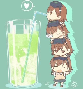 4girls asshuku balancing brown_hair brown_sweater_vest chibi chibi_only closed_eyes commentary_request cup drinking drinking_glass drinking_straw empty_eyes eyewear_on_head goggles goggles_on_head green_background heart human_tower lying_on_another mini_person minigirl misaka_imouto multiple_girls night_vision_device nose_bubble open_mouth school_uniform short_hair siblings sisters sleeping sleepy stacking standing summer_uniform sweater_vest toaru_kagaku_no_railgun toaru_majutsu_no_index tokiwadai_school_uniform yellow_sweater_vest