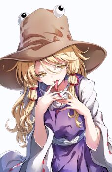 Rule 34 | 1girl, blonde hair, darjeeling (reley), female focus, fingernails, hair ribbon, hat, highres, long fingernails, long hair, long sleeves, looking at viewer, moriya suwako, open mouth, parted bangs, purple skirt, purple vest, pyonta, revision, ribbon, sash, shirt, sidelocks, simple background, skirt, skirt set, sleeves past wrists, smile, solo, tongue, tongue out, touhou, turtleneck, vest, white background, white shirt, wide sleeves, yellow eyes