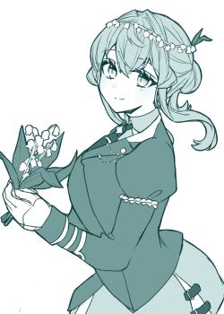 Rule 34 | 1girl, blue theme, collared shirt, commentary, eyelashes, flower, gloves, gotland (kancolle), hair between eyes, hair bun, head wreath, highres, jacket, kantai collection, long sleeves, looking at viewer, mole, mole under eye, monochrome, nagi kantai114, necktie, shirt, simple background, skirt, solo, symbol-only commentary
