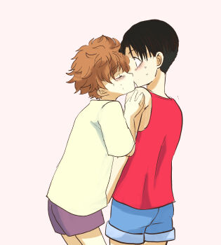 2boys asamine_matakara black_hair blush brown_hair bucchigiri?! child commentary_request cropped_legs highres kiss kodomo_doushi male_focus multiple_boys profile red_tank_top shirt short_hair shorts sweatdrop tank_top tomoshibi_arajin upper_body yaoi ywrywrywro