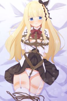 1girl arms_behind_back bdsm bed bed_sheet between_breasts between_legs between_thighs black_bow black_ribbon black_skirt blonde_hair blue_eyes blush bondage bound bound_arms bound_breasts bound_torso bow bow_bra bowtie bra bra_pull breast_bondage breasts breasts_out cleft_of_venus clothes_lift clothes_pull collar collared_jacket collared_shirt commission commissioner_upload crotch_rope embarrassed female_focus frilled_collar frilled_jacket frilled_panties frilled_shirt frilled_shirt_collar frills garter_straps gluteal_fold hair_between_eyes hair_bow hair_ornament hair_ribbon hamuta_(machosbrown) highres jacket juliet_persia kishuku_gakkou_no_juliet long_hair long_sleeves looking_at_viewer lying medium_breasts nipples on_back open_clothes open_jacket open_mouth open_shirt panties pelvic_curtain pleated_skirt red_bow red_bowtie ribbon rope rope_marks shibari shibari_over_clothes shirt sidelocks skeb_commission skin_tight skindentation skirt skirt_lift solo thigh_gap thigh_strap thighhighs thighs unbuttoned unbuttoned_jacket unbuttoned_shirt underwear very_long_hair white_background white_bra white_garter_straps white_jacket white_panties white_shirt white_thighhighs