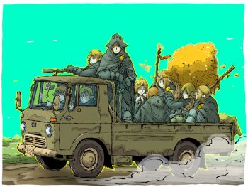 Rule 34 | 6+others, androgynous, blonde hair, blue sky, cape, green cape, hay, hay bale, highres, holding, holding staff, hood, hooded cape, license plate, long hair, motor vehicle, multiple others, original, side-view mirror, sky, staff, truck, yabarn