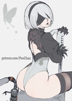 1girl 2b_(nier:automata) absurdres animal_print ass back_cutout black_headband black_thighhighs blindfold butterfly_print clothing_cutout commentary_request curvy feather-trimmed_sleeves from_behind grey_background headband highleg highleg_leotard highres holding holding_sword holding_weapon huge_ass juliet_sleeves katana leotard long_sleeves looking_back mole nier:automata nier_(series) official_alternate_costume open_mouth patreon_username poechan_chan puffy_sleeves short_hair simple_background sitting solo sword thighhighs thong_leotard virtuous_contract weapon white_hair white_leotard wide_hips