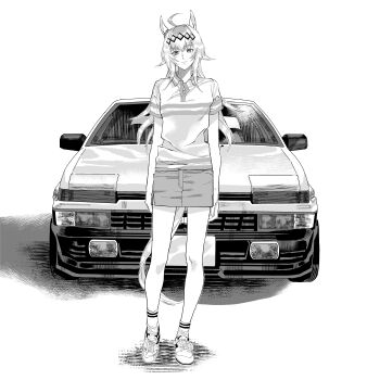 1girl absurdres ahoge alternate_costume animal_ears arms_at_sides car closed_mouth collared_shirt full_body greyscale hair_ornament heel_up highres horse_ears horse_girl horse_tail long_hair looking_at_viewer monochrome motor_vehicle ni_kogori oguri_cap_(umamusume) polo_shirt shirt shoes short_sleeves shorts smile sneakers socks solo standing straight-on tail toyota toyota_sprinter_trueno umamusume