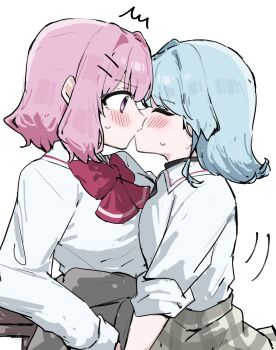 2girls amaori_renako ashigaya_high_school_uniform blue_hair blush bow bowtie closed_eyes clothes_around_waist commentary_request grey_sweater highres kiss koyanagi_kaho medium_hair mesugakisaikou multiple_girls pink_hair plaid_clothes plaid_skirt purple_eyes red_bow red_bowtie school_uniform shirt simple_background skirt sweat sweater sweater_around_waist watashi_ga_koibito_ni_nareru_wake_naijan_murimuri! white_background white_shirt yuri