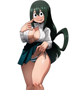 Rule 34 | 1girl, absurdres, asui tsuyu, boku no hero academia, breasts, cleavage, collared shirt, green hair, green skirt, highres, inker comics, long sleeves, looking at viewer, panties, pleated skirt, school uniform, shirt, side-tie panties, simple background, skirt, smile, solo, tongue, tongue out, u.a. school uniform, underwear, white background, white shirt