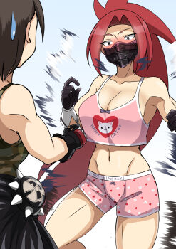 Rule 34 | 2girls, animal print, armpits, artist request, black mask, blush, boots, bow camisole, boyshort panties, breasts, brown hair, camisole, capcom, cat print, character name, cleavage, clenched hands, unworn clothes, day, defeat, delinquent, embarrassed, exploding clothes, eyelashes, female focus, fighting stance, gloves, groin, heart, heart print, highres, zaki (justice gakuen), humiliation, justice gakuen, kazama akira, legs, long hair, looking at another, mask, matching underwear, medium breasts, midriff, moero! justice gakuen, mouth mask, multiple girls, name tag, navel, neck, outdoors, panties, parted bangs, pink camisole, pink panties, ponytail, print camisole, print panties, purple eyes, red hair, shiny clothes, shiny skin, short hair, sidelocks, spiked hair, sweatdrop, thighs, torn clothes, tsundere, underwear, underwear only, very long hair, wardrobe malfunction, wide-eyed
