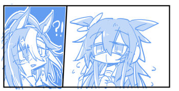 !? 2girls animal_ears beer_hsk blue_theme chibi dream_journey_(umamusume) ears_down flying_sweatdrops glasses hair_between_eyes hair_over_one_eye hands_up hood hood_down hooded_jacket horse_ears jacket long_hair monochrome multicolored_hair multiple_girls open_clothes open_jacket orfevre_(old_design)_(umamusume) own_hands_together school_uniform tracen_school_uniform two-tone_hair umamusume upper_body