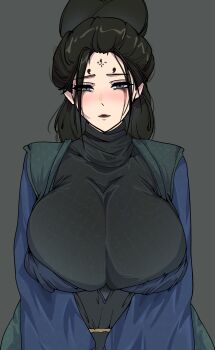 Rule 34 | 1girl, black hair, black lips, black myth: wukong, blush, breasts, covered collarbone, facial mark, forehead mark, forehead tattoo, fourth sister (black myth: wukong), genderswap, grey background, highres, huge breasts, lipstick, long hair, looking at viewer, makeup, mature female, simple background, solo, tattoo, yanz2