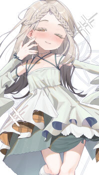 1girl absurdres blonde_hair blush braid breasts colored_eyelashes commentary_request criss-cross_halter crown_braid detached_sleeves dress earrings feet_out_of_frame fingernails flipped_hair gakuen_idolmaster gradient_hair green_dress green_sleeves grey_hair half-closed_eyes halter_dress halterneck hand_up highres idolmaster jewelry koukei_(idolmaster) layered_dress long_hair long_sleeves looking_at_viewer multicolored_hair narrowed_eyes necklace noko_(nowako33) open_mouth orange_eyes shinosawa_hiro simple_background small_breasts smile solo standing stud_earrings white_background