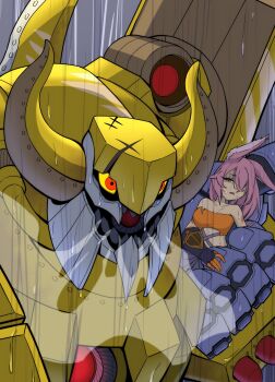 1girl 1other animal_ears breasts cat_ears cat_girl cleavage collarbone duel_monster gloves hair_over_one_eye highres horns kitt_(yu-gi-oh!) long_hair looking_at_another lying medium_breasts on_back open_mouth orange_eyes rain robot shirt springans_captain_sargas strapless strapless_shirt tri-brigade_kitt yata_masahara yellow_eyes yu-gi-oh!