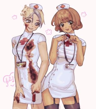 Rule 34 | 2girls, absurdres, back, beamed eighth notes, black eyes, blonde hair, blood, blood on clothes, blood on face, blood on hands, breasts, brown hair, bursting breasts, commentary, contrapposto, dress, eighth note, garter straps, genderswap, genderswap (mtf), haechan, hat, highres, holding, holding syringe, id card, lanyard, medium breasts, mole, mole on cheek, mole on thigh, mole under mouth, multiple girls, multiple moles, musical note, na jae-min, nct (band), nurse, nurse cap, panneul, short dress, short hair, syringe, treble clef, white dress, yellow eyes