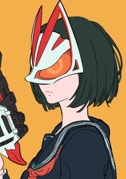 1girl black_hair black_serafuku commentary dahe_z fox_mask gun highres holding holding_gun holding_weapon kamen_rider kamen_rider_geats kamen_rider_geats_(series) magnum_shooter_40x mask neckerchief orange_background profile red_neckerchief school_uniform serafuku shimizu_hinako silent_hill_(series) silent_hill_f simple_background upper_body weapon