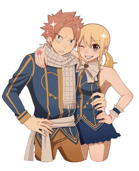 1boy 1girl blonde_hair blue_jacket blue_shirt blue_skirt brown_eyes brown_pants commentary_request cropped_legs fairy_tail grin hand_on_own_hip hand_tattoo highres jacket looking_at_viewer lucy_heartfilia natsu_dragneel neri_w2 pants pink_hair scarf shirt simple_background skirt sleeveless sleeveless_shirt smile sparkle tattoo white_background white_scarf