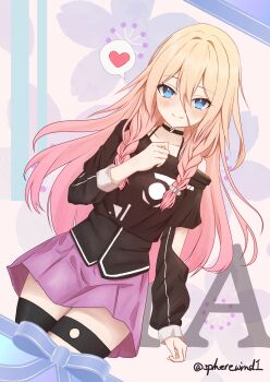 1girl black_choker black_shirt blonde_hair blue_eyes blush braid breasts character_name choker commentary_request gradient_hair hair_between_eyes hair_ornament hairclip hand_on_own_chest hand_up heart highres hip_focus ia_(vocaloid) long_hair looking_at_viewer miniskirt multicolored_hair off-shoulder_shirt off_shoulder pink_hair pleated_skirt purple_hair purple_skirt shirt single_bare_shoulder skirt small_breasts solo spherewind1 spoken_heart thighs twin_braids very_long_hair vocaloid