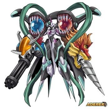 aderek arm_blade arm_cannon armor black_armor brigadramon chaosmon chest_jewel commission digimon digimon_(creature) drill full_body fusion heavymetaldramon simple_background weapon white_background