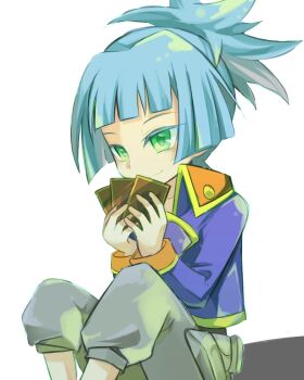 1boy blue_hair card green_eyes male_focus ponytail ric_(aceradio) shiun&#039;in_sora shiunin_sora sitting solo yu-gi-oh! yu-gi-oh!_arc-v