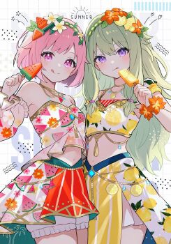Rule 34 | 2girls, :q, blush, bob cut, bracelet, detached sleeves, flower, flower bracelet, food, food-themed hair ornament, food print, fruit print, gold trim, green hair, hair flower, hair ornament, highres, holding, holding food, holding popsicle, hrn ohana, jewelry, kusanagi nene, lemon hair ornament, lemon print, long hair, long sleeves, low-tied sidelocks, midriff, multiple girls, ootori emu, orange flower, pink eyes, pink hair, popsicle, project sekai, puffy long sleeves, puffy sleeves, purple eyes, shirt, short hair, shorts, sidelocks, skirt, smile, tongue, tongue out, very long hair, watermelon hair ornament, watermelon print, white flower, white shirt, white shorts, white skirt, zettai zetsumei!? island panic! (project sekai)