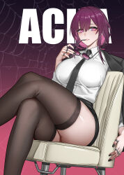 Rule 34 | 1girl, alternate breast size, alternate costume, artist name, ass, black jacket, black nails, black necktie, black skirt, black thighhighs, breasts, collared shirt, commentary, crossed legs, english commentary, eyewear in mouth, gradient background, hair between eyes, highres, holding, holding removed eyewear, honkai: star rail, honkai (series), jacket, jewelry, kafka (honkai: star rail), large breasts, looking at viewer, medium hair, mouth hold, multiple rings, nail polish, necktie, on chair, open clothes, open jacket, parted lips, purple-tinted eyewear, purple background, purple eyes, purple hair, ring, round eyewear, shirt, sidelocks, sitting, skirt, solo, spider web background, sunglasses, teeth, thighhighs, tinted eyewear, unworn eyewear, w.q.y, white shirt