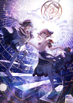 2girls absurdres ankle_strap armillary_sphere arrow_(projectile) backlighting bare_legs beret black_hair blue_capelet blue_eyes blue_hat blue_ribbon blue_sash blue_skirt blunt_bangs blurry bokeh bow breasts brooch brown_hair capelet closed_mouth coif collared_capelet compass_rose confetti constellation constellation_print crescent depth_of_field dot_nose double_horizontal_stripe dress flats floating_hair floating_stairs front_slit full_body glint gold_trim grey_eyes habit hat hat_bow highres holding_hands hoshino_ichika_(project_sekai) jewelry kika layered_dress lens_flare light_particles long_dress long_hair medium_breasts mochizuki_honami multiple_girls nebula neck_ribbon night night_sky obi on_stairs open_mouth outstretched_hand pleated_dress pleated_skirt pointing project_sekai ribbon sash shadow shoes short_dress short_sleeves side_ponytail side_slit single_horizontal_stripe single_sidelock skirt skirt_hold sky sleeve_cuffs smile sparkle standing standing_on_one_leg star_(sky) star_(symbol) star_ornament star_print starry_sky stole straight_hair swept_bangs tsurime two-sided_dress two-sided_fabric walking wavy_hair white_bow white_coif white_dress white_footwear white_skirt yuruganu_omoi_ima_kotoba_ni_shite_(project_sekai) zipper zodiac_wheel