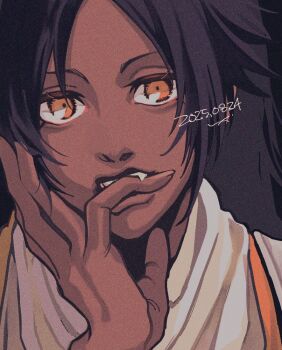 Rule 34 | 1girl, 2025, black hair, bleach, ch9191, colored eyelashes, commentary, dark-skinned female, dark skin, dated, eyebrows hidden by hair, fang, film grain, finger in own mouth, hand up, lips, looking at viewer, nose, orange eyes, parted bangs, portrait, shihouin yoruichi, solo, symbol-only commentary, teeth, upper teeth only