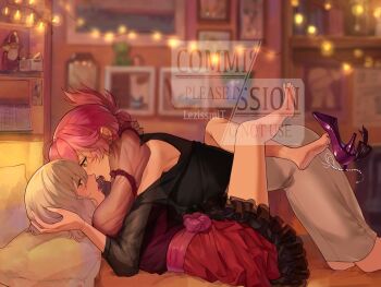 2girls after_kiss arms_around_neck barefoot black_shirt blue_eyes blurry blurry_background commentary commission dress eiyuu_densetsu eye_contact grey_hair high_heels highres indoors leg_lift lezissmitozer looking_at_another multiple_girls open_mouth pink_hair purple_shoes red_dress saliva saliva_trail sara_valestein see-through_clothes see-through_sleeves sen_no_kiseki_(series) sharon_kreuger shirt shoes skirt string_lights toes watermark white_skirt yuri