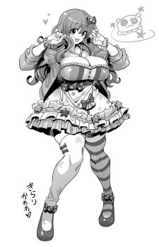 Rule 34 | :3, absurdres, blunt bangs, breasts, cleavage, commentary request, dress, fairy kei, frilled dress, frills, highres, idolmaster, idolmaster cinderella girls, jacket, knees, large breasts, long sidelocks, monochrome, moroboshi kirari, open mouth, polka dot, ribbon, scrunchie, sidelocks, skindentation, star (symbol), star print, striped clothes, striped thighhighs, thick thighs, thighhighs, thighs, tukiwani, wavy hair, yume kawaii