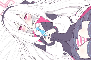 1girl absurdres averting_eyes bed_sheet black_hairband black_jacket black_skirt black_thighhighs black_vest blue_archive blue_necktie blush collared_shirt commentary_request hair_between_eyes hairband halo highres jacket kei_(blue_archive) kei_(new_body)_(blue_archive) long_hair long_sleeves lying necktie on_back open_clothes open_jacket panties parted_lips pink_eyes pink_halo pleated_skirt puffy_long_sleeves puffy_sleeves red_eyes sasakura_momiji shirt skirt solo striped_clothes striped_panties sweat thigh_gap thighhighs underwear very_long_hair vest white_hair white_jacket white_shirt