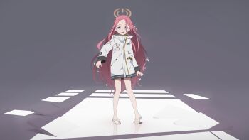 1girl absurdres blue_archive blue_eyes bow bright_pupils bryan-fengyuan commentary forehead full_body hair_bow halo handheld_game_console heel_up highres id_card jacket light_particles long_hair long_sleeves millennium_science_school_logo object_in_pocket open_mouth orange_halo pocket power_symbol red_hair reflection reflective_floor reflective_surface sandals slides solo standing teeth upper_teeth_only very_long_hair white_bow white_jacket white_sandals window_shadow yuzu_(blue_archive)