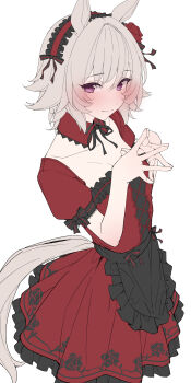 1girl absurdres alternate_costume animal_ears apron black_apron blush closed_mouth curren_chan_(umamusume) detached_collar dress frilled_dress frilled_hairband frills grey_hair grey_tail hairband highres horse_ears horse_girl horse_tail kawai_ritsu_(rits_meg) looking_at_viewer maid_apron purple_eyes red_dress short_hair simple_background smile solo steepled_fingers tail umamusume waist_apron white_background