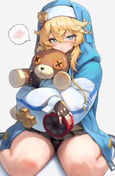 1boy absurdres black_panties black_skirt blonde_hair blue_eyes blue_hoodie blush bridget_(guilty_gear) bulge closed_mouth grey_background guilty_gear guilty_gear_strive hair_between_eyes hakusyokuto highres hood hoodie hugging_object long_hair long_sleeves looking_at_viewer male_focus panties pleated_skirt simple_background sitting skirt spoken_blush stuffed_animal stuffed_toy sweat teddy_bear thigh_focus thighs trap underwear wariza